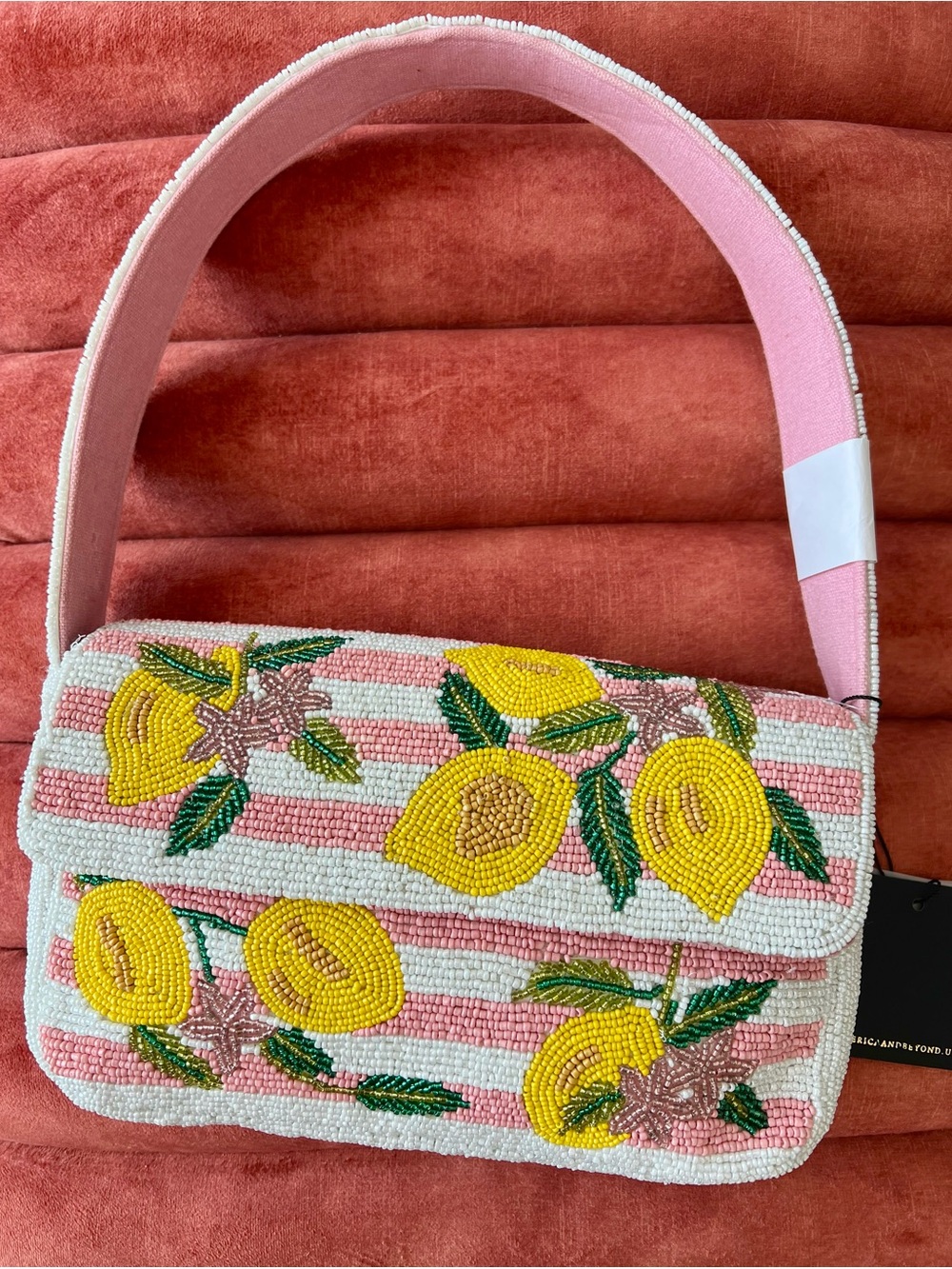NWT America & Beyond Lemon Beaded Shoulder Bag in Pink, Yellow & White
